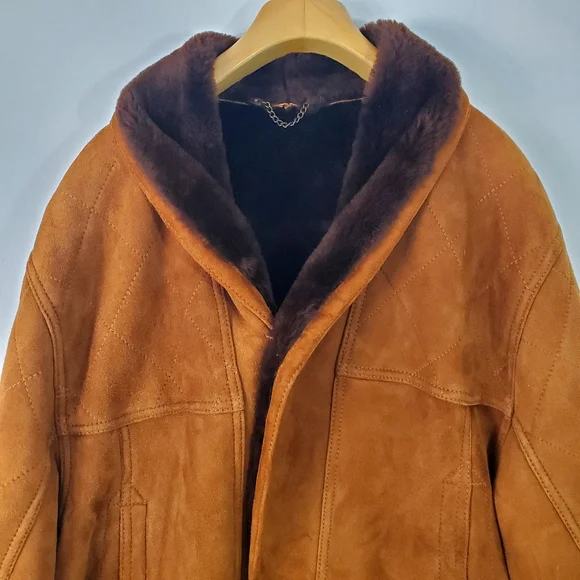 Vintage 70s Women's Tan Leather Shearling Coat - Picture 6 of 12